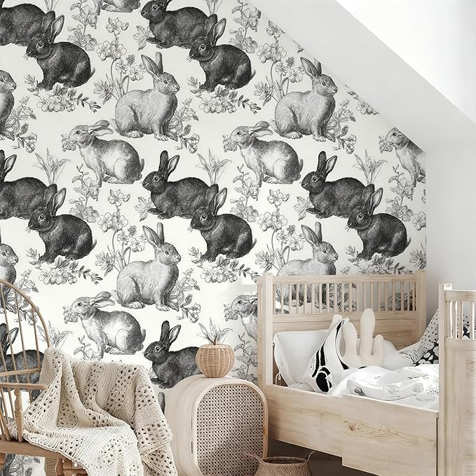 Floral Peel and Stick Vintage Animal Wallpaper Rabbit Removable Botanical Leaf Sketch 17.7" x 236.22" Wall Paper Self Adhesive Contact Paper for Classroom Bedroom Laundry Room Bathroom