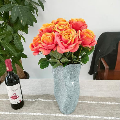 ATFL Fake Sunset Red Roses Artificial Flowers Bulk,Floral Diameter 4'',12 Pcs Artificial Silk Roses Flowers with Stems for Wedding Arrangement Centerpieces Party Home Table Decorations (Orange & red)