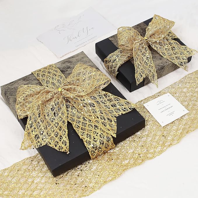 VATIN 2-1/2" Gold Christmas Ribbon, Gold Glitter Mesh Diamond Web Sequin Dots Wired Christmas Ribbon for Gift Wrapping Bow Making Wreath Supply-10 Yards
