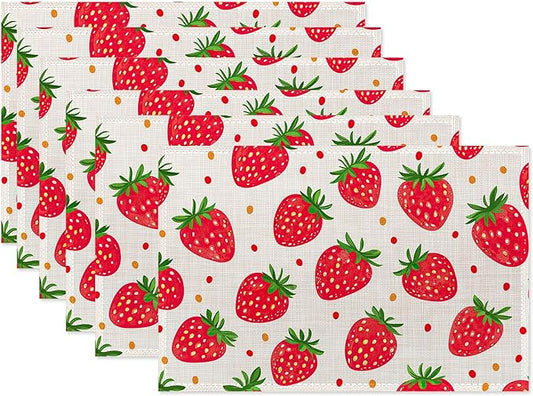 Cute Strawberry Placemat Set of 6,Heat Resistant Linen Table Mats for Indoor Outdoor Home Kitchen Dining Room Table 12x18Inch