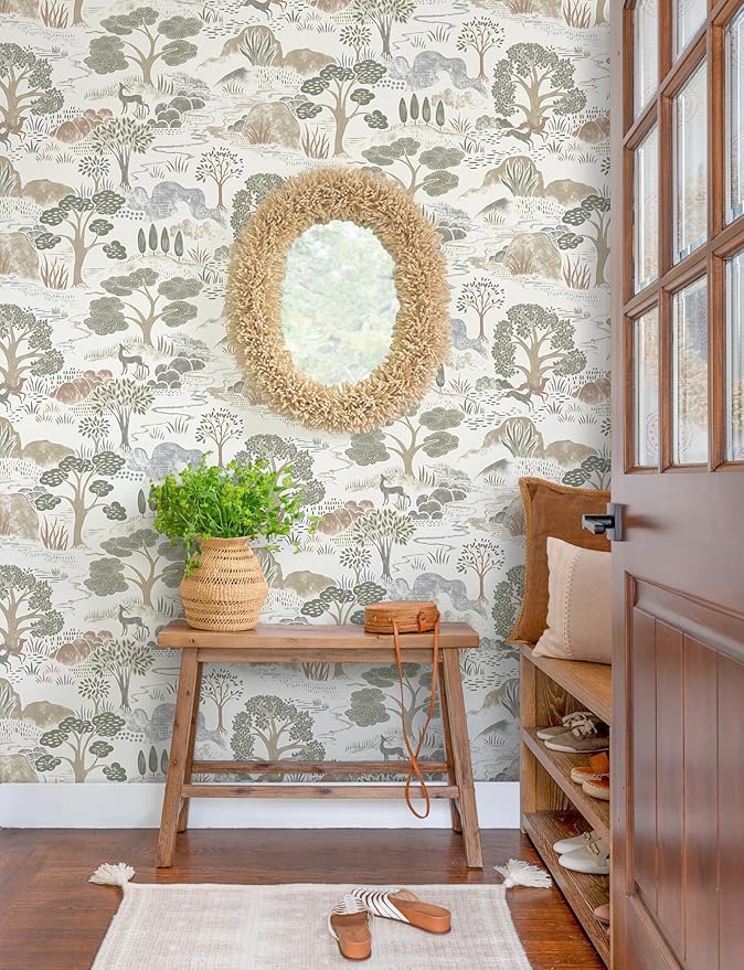 Erfoni 16.9"x118" Boho Peel and Stick Wallpaper Forest Green/Brown/White Contact Paper DIY Self Adhsive Wallpaper Waterproof Removable Peel and Stick Wall Paper for Bedroom Accent Walls Decor