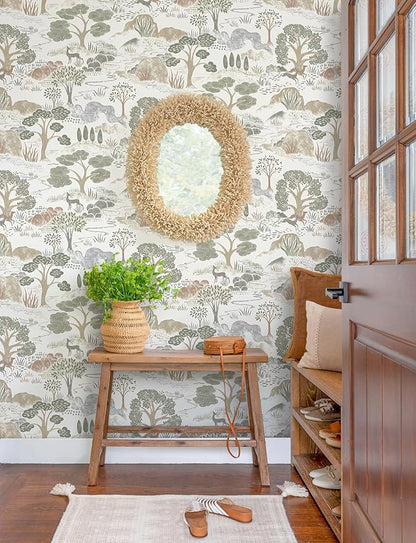 Erfoni 16.9"x118" Boho Peel and Stick Wallpaper Forest Green/Brown/White Contact Paper DIY Self Adhsive Wallpaper Waterproof Removable Peel and Stick Wall Paper for Bedroom Accent Walls Decor