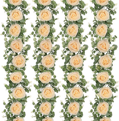 Dolicer 4Pcs 26Ft Artificial Eucalyptus Garlands with Flowers - 8 Roses, Faux Floral Greenery Garlands Fake Flowers Vines for Wedding Table Centerpieces Arch Party Ceremony Backdrop Decor (Champagne)