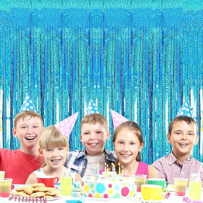 2 Pack 3.2ft x 8.2ft Blue Foil Fringe Curtains Photo Backdrop Party Decorations, Metallic Tinsel Foil Fringe Streamer Curtain for Party Door Wall Curtain Bachelorette Christmas New Year Decorations