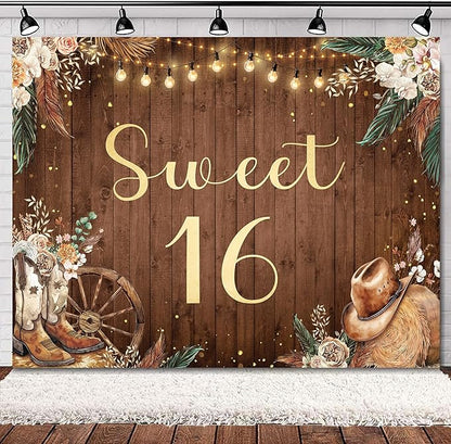 SVBright Sweet 16 Backdrop 8Wx6H Western Cowgirl Retro Boho Pampas Grass Country Flower Floral West Rustic Wooden Boots Hat Farmhouse Decorations Photography Background Banner Photo Booth Studio