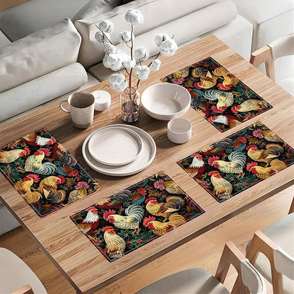 Rooster Placemats Set of 4 Rustic Country Farm Chicken Table Mats Washable Place Mats for Home Party Indoor Kitchen Dining Table Decoration 12x18 Inch