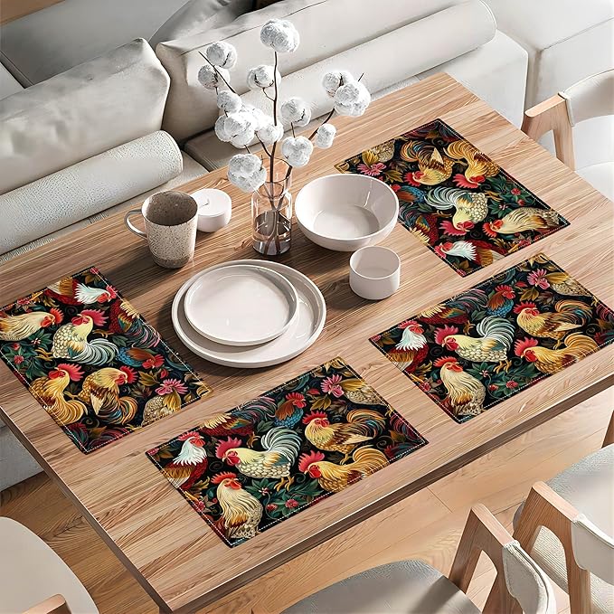 Rooster Placemats Set of 6 Rustic Country Farm Chicken Table Mats Washable Place Mats for Home Party Indoor Kitchen Dining Table Decoration 12x18 Inch