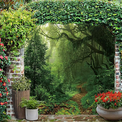 Riyidecor Jungle Rainforest Backdrop Fabric Polyester Spring Enchanted Nature Trees Green Dreamland Dirt Road Photography Background 7Wx5H Feet Decoration Props Party Photo Shoot Backdrop