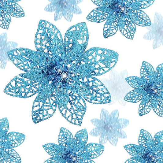 Boao Lake Blue 24 Pieces Poinsettia Flower Christmas Glitter Artificial Poinsettia with Clips Christmas Tree Ornament Decorations for DIY Xmas Wreath Holiday Home Party Decor, 3/4/6 Inches