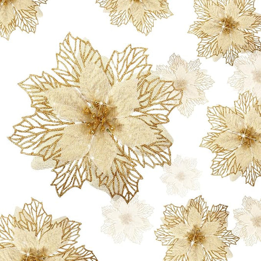 Geosar 24 Pieces Christmas Glitter Poinsettia Flowers Layered Artificial Xmas Flowers Wedding Christmas Tree New Year Ornaments 3/4/6 Inch(Gold)
