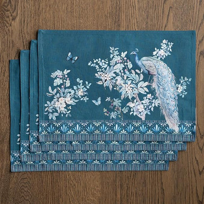 Maison d' Hermine Place Mats 100% Combed Cotton Premium (13 Inch x 19 Inch) Cloth Place Mat Washable Dinner Placemat, Dinner & Dining, Peacock Utopia - Deep Sea (Set of 4)