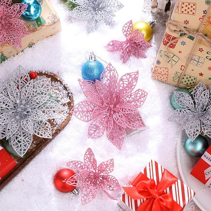 Boao Pink,Silver 24 Pieces Poinsettia Flower Christmas Glitter Artificial Poinsettia with Clips Christmas Tree Ornament Decorations for DIY Xmas Wreath Holiday Home Party Decor, 3/4/6 Inches