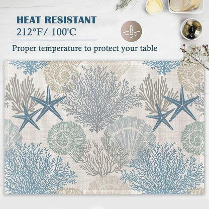 Ocean Coral Teal Placemats Set of 4, Waterproof Place Mats Non-Slip Washable Table Mats Set for Kitchen Dining Holiday Party Wedding Decor 12x18 Inch