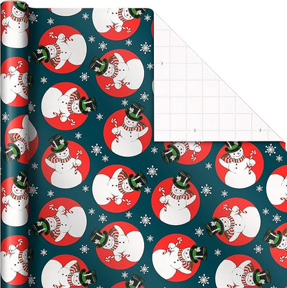 Hallmark Vintage Christmas Wrapping Paper Cut Lines on Reverse (3 Rolls: 120 sq. ft. ttl) Dancing Santas, Classic Snowman, "Merry, Jolly, Happy, Peace"
