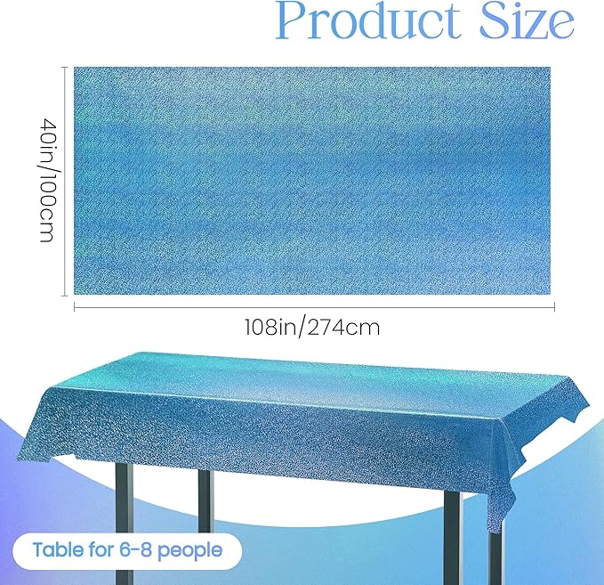 4pcs Blue Holographic Laser Tablecloths 40" x 108" Plastic Table Cloths for Parties Shimmer Shiny Party Decoration for Winter Ocean Princess Birthday Party Wedding Baby Shower Christmas Decor