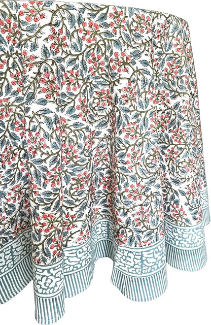 ATOSII Kalina 100% Cotton Spring Round Tablecloth, Handblock Print Floral Table Cloth for Kitchen Dining Linen I Parties, Weddings, Outdoors, Easter, Holidays I 60" Inches Round