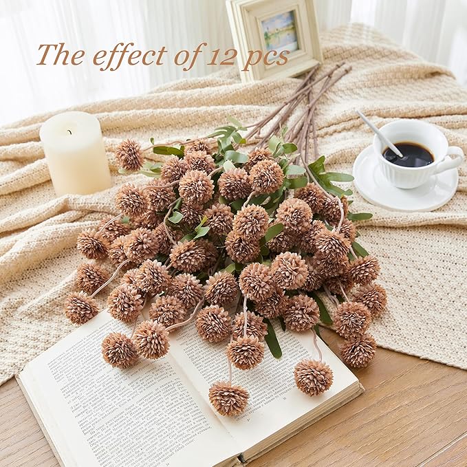 SITUMEIZI Taupe Pompon Mum Artificial Flowers Taupe Faux Silk Mums Mini Chrysanthemum with Stems 6Pcs for DIY Wedding Centerpieces Floral Arrangements