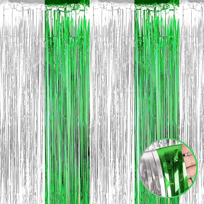 4 Pack Foil Fringe Curtain Backdrop, 3.28Ft x 8.2Ft Metallic Tinsel Foil Fringe Streamers Curtain for Photo Booth, Wedding, Mardi Gras Birthday Carnival St Patrick Day Party Decoration (Silver Green)