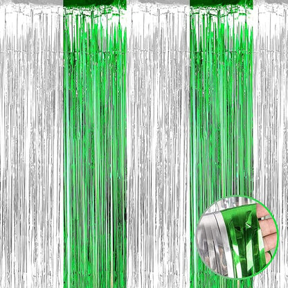 4 Pack Foil Fringe Curtain Backdrop, 3.28Ft x 8.2Ft Metallic Tinsel Foil Fringe Streamers Curtain for Photo Booth, Wedding, Mardi Gras Birthday Carnival St Patrick Day Party Decoration (Silver Green)