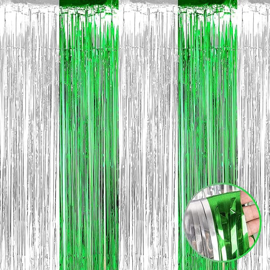 4 Pack Foil Fringe Curtain Backdrop, 3.28Ft x 8.2Ft Metallic Tinsel Foil Fringe Streamers Curtain for Photo Booth, Wedding, Mardi Gras Birthday Carnival St Patrick Day Party Decoration (Silver Green)