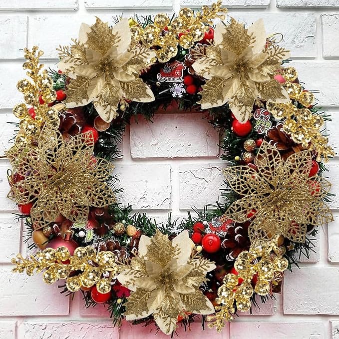 24Pcs Christmas Poinsettia Artificial Flowers and Glitter Berries Kit, 2 Styles Total 16Pcs Christmas Tree Flowers Ornaments, 8Pcs Christmas Tree Picks for Wedding Holiday Decorations, Gold