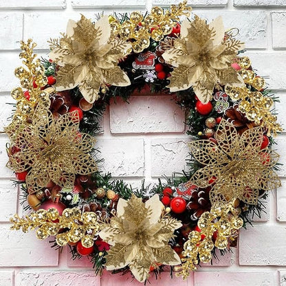 24Pcs Christmas Poinsettia Artificial Flowers and Glitter Berries Kit, 2 Styles Total 16Pcs Christmas Tree Flowers Ornaments, 8Pcs Christmas Tree Picks for Wedding Holiday Decorations, Gold