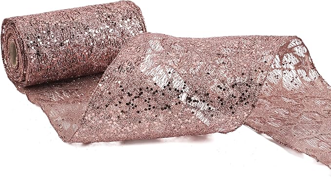 MEEDEE 6 Inch Wide Wired Ribbon Rose Gold Glitter Mesh Web Wired Edge Ribbon by 10 Yards Roll Rose Gold Wired Ribbons for Christmas Tree, Garland, Holiday Wreaths, Bows, Centerpiece, Gift Wrapping
