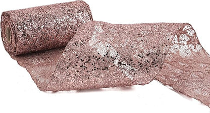 MEEDEE 6 Inch Wide Wired Ribbon Rose Gold Glitter Mesh Web Wired Edge Ribbon by 10 Yards Roll Rose Gold Wired Ribbons for Christmas Tree, Garland, Holiday Wreaths, Bows, Centerpiece, Gift Wrapping