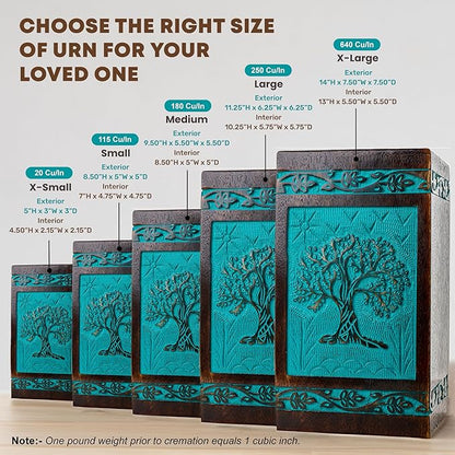 INTAJ Cremation Urn for Human Ashes - Wooden Urn Box for Ashes Handcrafted - Tree of Life Memorial Urn Funeral Cremation Urns (Teal Green, X-Large (250lbs or 115kg))