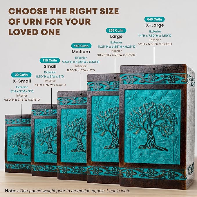 INTAJ Wooden Cremation Urns for Human Ashes - 115 lbs, Handcarved Tree of Life Design, Suitable for Men, Women, Mom, Dad - TSA Approved, Decorative Memorial Urn Box, Green
