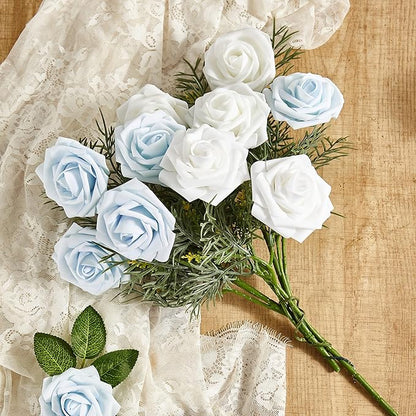 Artificial Flowers, 25pcs Baby Blue Artificial Rose for DIY Wedding Bouquets Centerpieces Arrangements, Fake Flower with Stems for Party Home Decorations