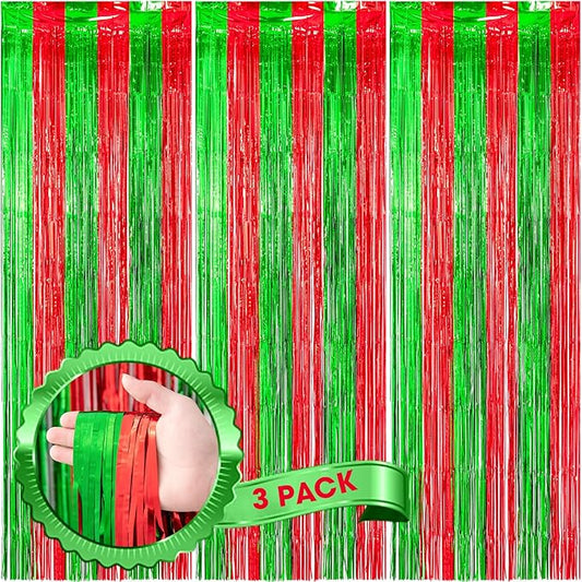 3 Pack 3.3x8.2 Feet Red and Green Foil Fringe Backdrop Curtains, Tinsel Streamers Birthday Party Decorations, Fringe Backdrop for Graduation, Baby Shower, Gender Reveal, Disco Party