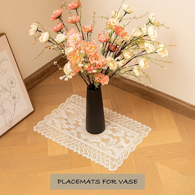 Jayla 4 Pcs Rectangle Lace Placemats for Tables Embroidered Lace Tablemats Vintage Crochet Floral Table Runner Vintage Wedding, Tea Party Decor,12x17 Inch
