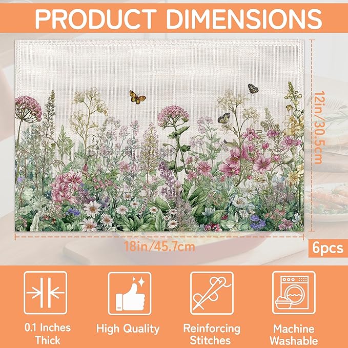 Vintage Wildflowers Placemats Set of 6,Butterfly Botanical Herbs Waterproof Heat Resistant Dining Table Plate Mat for Home Kitchen Dining Table 12x18Inch