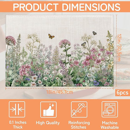 Vintage Wildflowers Placemats Set of 6,Butterfly Botanical Herbs Waterproof Heat Resistant Dining Table Plate Mat for Home Kitchen Dining Table 12x18Inch