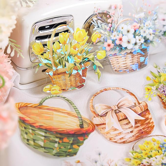 TIAMECH Picking Flowers PET Stickers - 72 Pcs Blooming Spring & Flower Charm Design, Waterproof Sticker for Journaling & Scrapbooking, Junk Journal Supplies, Ephemera & DIY Crafts