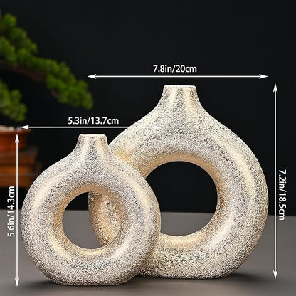 Modern Donut-Shaped Decorative Vases, Handmade Minimalist Boho ins Style, Modern Vase for Home Decor for Wedding Dinner Table Party Living Room Office Bedroom (Gold, Large + Small)