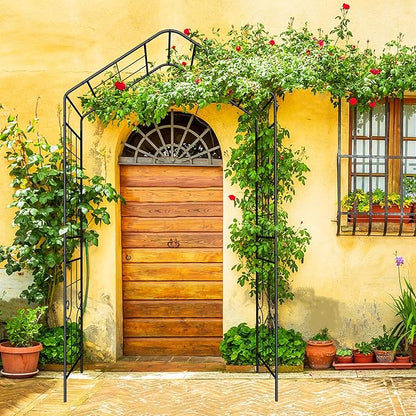 Metal Garden Arch, Assembly Garden Arbor,Trellis Climbing Plants Support, Rose Outdoor Arch,Wedding Arch, Party Events Archway,Steeple (Black, W56.3"X94.5")