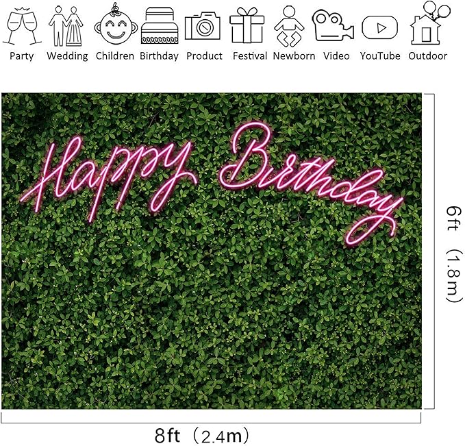 Riyidecor Neon Happy Birthday Backdrop Polyester Fabric Green Grass Leaf Rustic Spring Leaves Plant 8Wx6H Feet Pink Nature for Woman Photography Background Birthday Photo Studio Shoot