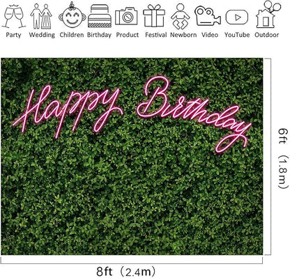 Riyidecor Neon Happy Birthday Backdrop Polyester Fabric Green Grass Leaf Rustic Spring Leaves Plant 8Wx6H Feet Pink Nature for Woman Photography Background Birthday Photo Studio Shoot