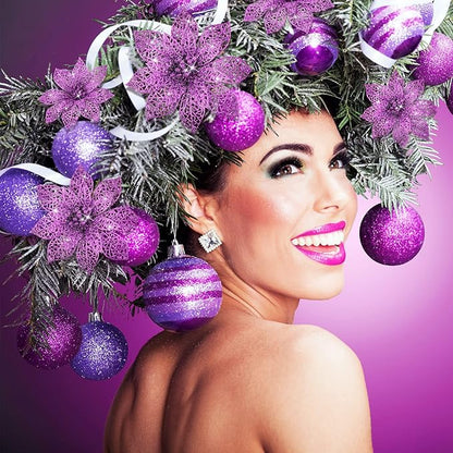 Boao Purple 24 Pieces Poinsettia Flower Christmas Glitter Artificial Poinsettia with Clips Christmas Tree Ornament Decorations for DIY Xmas Wreath Holiday Home Party Decor, 3/4/6 Inches