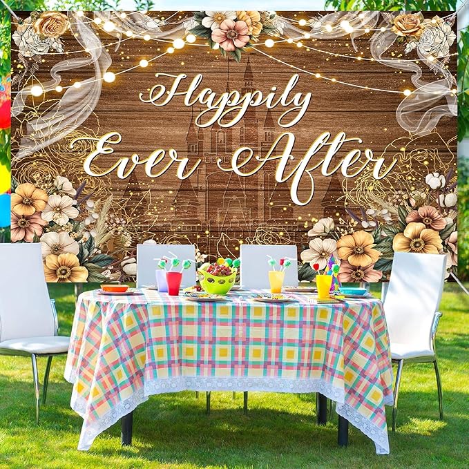 Happily Ever After Backdrop Bridal Shower Wedding Party Brown Wood Photography Background Boho Floral Golden Rose Dots Wedding Decor Banner Portrait Photo Booth Studio Props 7x5ft FU037YL