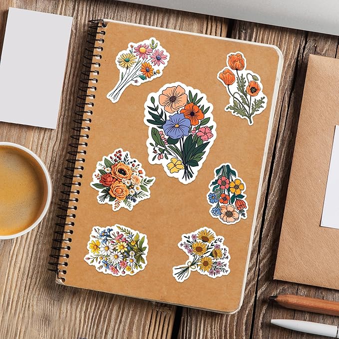 Wild Flower Bunch Stickers 50 Pieces Vinyl Waterproof Decal for Laptop Water Bottle Phone Car Window Guitar Stakeboard Scrapbook Flowers Sticker Gifts