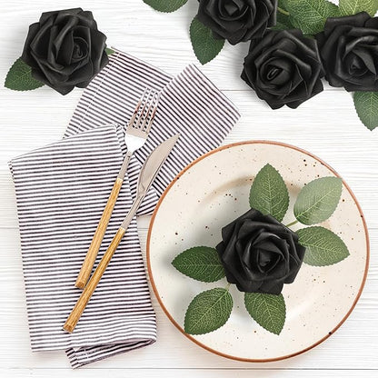 Mocoosy 50Pcs Black Roses Artificial Flowers, Fake Roses for Decorations, Real Touch Foam Rose Bulk with Stem Gothic Wedding Bouquet DIY Floral Arrangements Bridal Shower Valentine's Party Table Decor