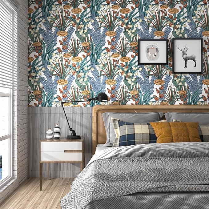 Boho Floral Peel and Stick Wallpaper, Vintage Botanical Contact Paper, Self Adhesive Wall Mural 17.5" x 118" Tropical Wall Paper Waterproof Removable for Bedroom Walls Cabinet (White, Orange, Blue)