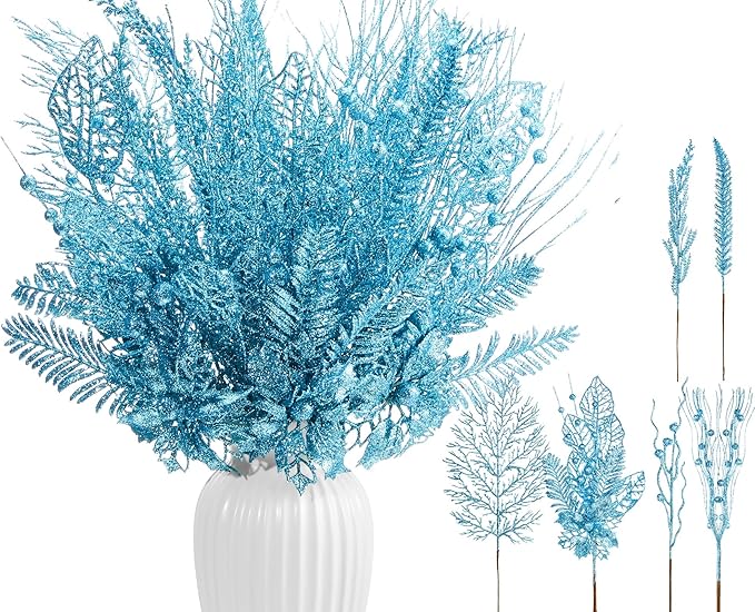 30 Pcs Artificial Christmas Tree Picks and Sprays Glitter Berry Stem Branches Holly Floral Picks Twigs Christmas Tree Ornaments for DIY Xmas Wreath Vase Filler Decorations(Lake Blue)
