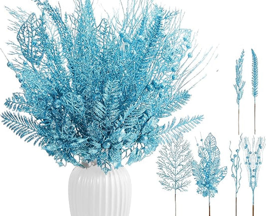 30 Pcs Artificial Christmas Tree Picks and Sprays Glitter Berry Stem Branches Holly Floral Picks Twigs Christmas Tree Ornaments for DIY Xmas Wreath Vase Filler Decorations(Lake Blue)