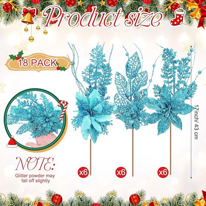 18 Pack 3 Styles 17 Inch Christmas Glitter Poinsettia Berry Stems Ornaments Artificial Floral Branches Picks for Christmas Tree Home Vase Holiday Party Decor(Lake Blue)