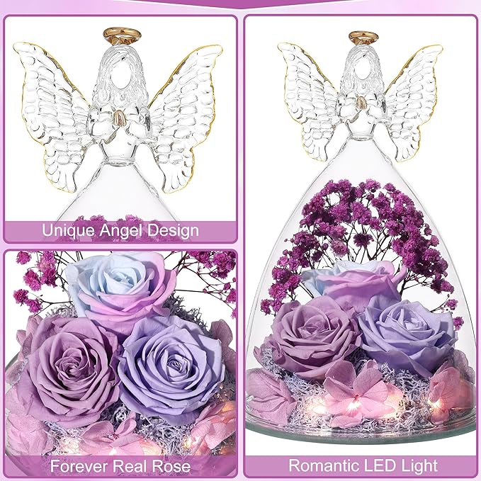 Christmas Rose Gifts for Women Preserved Real Flower in Glass Angel Figurines Roses for Delivery Prime Birthday Gifts for Mom Grandma Girlfriend Wife Her, Multi Purple