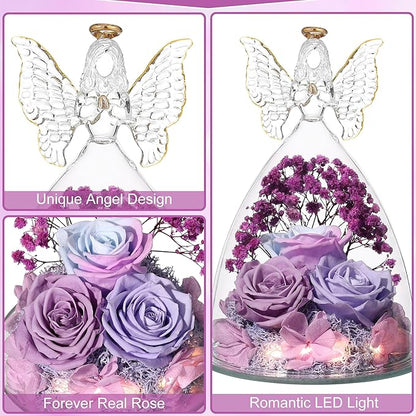 Christmas Rose Gifts for Women Preserved Real Flower in Glass Angel Figurines Roses for Delivery Prime Birthday Gifts for Mom Grandma Girlfriend Wife Her, Multi Purple